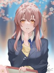 Rule 34 | 1girl, :d, absurdres, ashasusen, black jacket, blue bow, blue bowtie, blurry, blurry background, bow, bowtie, brown eyes, brown hair, cherry blossoms, collared shirt, commentary, grin, highres, holding, holding notebook, jacket, koe no katachi, long hair, long sleeves, looking at viewer, nishimiya shouko, notebook, open mouth, school uniform, shirt, signature, smile, solo, sweater, symbol-only commentary, teeth, upper body, white shirt, yellow sweater