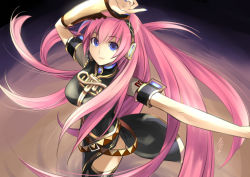 Rule 34 | 1girl, arm up, armband, asymmetrical sleeves, belt, black skirt, black thighhighs, blue eyes, blue gemstone, blue nails, breasts, brooch, closed mouth, detached sleeves, double lariat (vocaloid), female focus, from above, gem, headphones, headset, index finger raised, jewelry, kriss sison, large breasts, long hair, long skirt, looking at viewer, looking up, megurine luka, multiple belts, nail polish, outstretched arm, pink hair, side slit, single sleeve, skirt, smile, solo, spinning, standing, tattoo, thighhighs, turtleneck, uneven sleeves, very long hair, vocaloid
