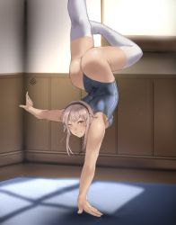 Rule 34 | 1girl, ass, black hairband, breasts, brown eyes, competition swimsuit, grin, hairband, handstand, highres, hunyan, indoors, medium breasts, one-piece swimsuit, one arm handstand, original, pink hair, smile, sunlight, swimsuit, thighhighs, white thighhighs, window, wooden wall