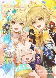 3boys 6+girls absurdres aether_(genshin_impact) aqua_eyes aqua_hair beret blonde_hair blue_hair blue_nails brown_hair cake closed_eyes closed_mouth cup earrings flower food furina_(genshin_impact) genshin_impact glass green_hair green_hat green_shorts hair_flower hair_ornament halo hat highres holding holding_cup japanese_clothes jewelry long_hair lumine_(genshin_impact) mavuika_(genshin_impact) misoshiru_umai4 multicolored_hair multiple_boys multiple_girls nahida_(genshin_impact) one_eye_closed open_mouth orange_hair paimon_(genshin_impact) purple_hair raiden_shogun red_hair red_nails short_hair shorts slime_(genshin_impact) smile surintendante_chevalmarin venti_(genshin_impact) white_hair yellow_eyes zhongli_(genshin_impact)