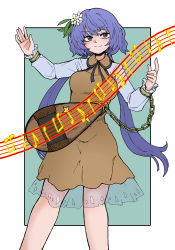Rule 34 | 1girl, biwa lute, chain, closed mouth, dress, fe (tetsu), flower, green background, hair flower, hair ornament, highres, instrument, long hair, long sleeves, lute (instrument), outside border, purple eyes, purple hair, simple background, smile, solo, touhou, tsukumo benben, twintails, white flower, yellow dress