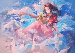 Rule 34 | 1girl, aerith gainsborough, beach, bird, bouquet, braid, collarbone, final fantasy, final fantasy vii, floating, flower, full body, green eyes, grey choker, happy birthday, highres, holding, holding bouquet, jacket, long hair, long skirt, looking at viewer, maccha (mochancc), open mouth, parted bangs, pink nails, pink ribbon, pink skirt, red hair, red jacket, ribbon, sand, shirt, short sleeves, sidelocks, sitting, skirt, smile, solo, twin braids, water, waves, white shirt, wrist cuffs, yellow flower