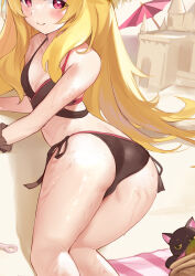 Rule 34 | 1girl, ass, bare arms, bare legs, beach umbrella, bikini, black bikini, black bikini bottom, black cat, blonde hair, blush, breasts, cat, cleavage, closed mouth, commentary request, cropped, day, dot nose, from behind, halterneck, highres, light smile, little witch nobeta, long hair, looking at viewer, nobeta, official art, paid reward available, phyllis (cat) (little witch nobeta), phyllis (little witch nobeta), red eyes, side-tie bikini bottom, small breasts, solo, straight hair, swimsuit, thighs, umbrella, very long hair, wet