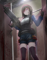 Rule 34 | 12-gauge, 1girl, ammunition, ammunition belt, bandolier, belt, belt pouch, black hair, black thighhighs, blood, blue shorts, blue sleeves, breasts, brown gloves, bullpup, closed mouth, clothes writing, commentary request, cylinder, cylinder (weapon), double vertical stripe, ear protection, earmuffs, feet out of frame, from below, gas-seal revolver, gloves, gun, hairband, half-closed eyes, head tilt, headset, highres, holding, holding gun, holding weapon, israel weapon industries, iwi tavor ts12, iwi us, jacket, long hair, long sleeves, looking down, medium breasts, microphone, original, pink hairband, pouch, purple eyes, raglan sleeves, revolver shotgun, rotating-tube magazine, semi-automatic firearm, semi-automatic shotgun, shorts, shotgun, shotgun shell, smile, smoke, solo, standing, tavor ts12, thighhighs, toilet, tom-neko (zamudo akiyuki), track jacket, tri-tube rotating magazine, wavy mouth, weapon, white jacket