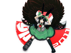 Rule 34 | 10s, 1girl, 2011, arms up, arugeri, asymmetrical clothes, asymmetrical footwear, black hair, black socks, bow, cape, english text, feathers, female focus, from above, hair bow, highres, kneehighs, long hair, mismatched footwear, new year, red eyes, reiuji utsuho, simple background, sitting, socks, solo, spread legs, third eye, touhou, wings