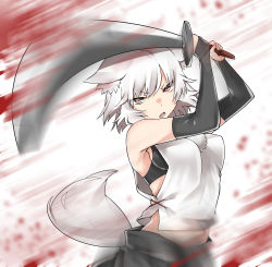 Rule 34 | 1girl, animal ears, armpits, arms up, attack, bad id, bad pixiv id, bare shoulders, black bra, black skirt, blood, bra, breasts, bridal gauntlets, clothing cutout, d:, d:&lt;, highres, holding, holding sword, holding weapon, inubashiri momiji, kz oji, looking at viewer, motion blur, open mouth, pom pom (clothes), red eyes, shirt, short hair, side cutout, simple background, skirt, sleeveless, sleeveless shirt, slit pupils, solo, sword, tail, touhou, underwear, upper body, v-shaped eyebrows, weapon, white background, white hair, white shirt, wolf ears, wolf tail