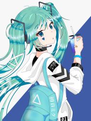 Rule 34 | 1girl, absurdres, aqua eyes, aqua hair, aqua nails, backpack, bag, bandaid, bandaid on hand, black undershirt, bracelet, choker, drink, drinking straw, facial mark, hair ornament, hair ribbon, hatsune miku, headset, highres, holding, holding drink, hood, hoodie, jewelry, long hair, looking at viewer, looking back, nail polish, open mouth, ribbon, sugaru, triangle mouth, twintails, two-tone background, upper body, very long hair, vocaloid, white hoodie