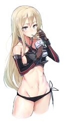 Rule 34 | 10s, 1girl, absurdres, adapted costume, battle koala, bismarck (kancolle), blonde hair, blue eyes, brown gloves, crop top, cropped legs, detached sleeves, drinking, gloves, groin, hair between eyes, highres, kantai collection, midriff, navel, simple background, solo, sweat, thighs, white background