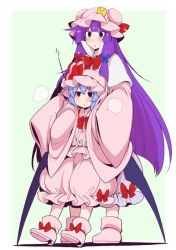 Rule 34 | 2girls, blue hair, bow, breath, commentary request, crescent, eichi yuu, full body, hat, hat ribbon, height difference, long hair, long sleeves, mob cap, multiple girls, open mouth, patchouli knowledge, purple eyes, purple hair, red bow, red eyes, red ribbon, remilia scarlet, ribbon, sleeves past wrists, standing, touhou