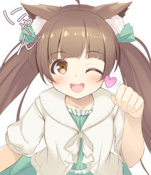 Rule 34 | 1girl, ahoge, animal ear fluff, animal ears, blush, bow, breasts, brown eyes, brown hair, collarbone, dot nose, dress, fake animal ears, frilled dress, frills, green dress, green ribbon, hair bow, hakozaki serika, hand up, heart, highres, idolmaster, idolmaster million live!, idolmaster million live! theater days, jacket, kageira, long hair, looking at viewer, motion lines, one eye closed, open mouth, paw pose, ribbon, short sleeves, simple background, small breasts, smile, solo, twintails, upper body, white background, white jacket