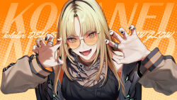 13_(bbr584607091) 1girl absurdres black_hair black_nails black_tank_top blonde_hair bra_over_clothes chain chain_necklace commentary curtained_hair english_text gao gradient_background green_eyes halter_shirt halterneck highres hololive hololive_dev_is jacket jewelry koganei_niko lightning_ahoge long_hair long_sleeves looking_at_viewer multicolored_hair multiple_rings nail_polish necklace open_mouth orange-tinted_eyewear ring see-through_clothes see-through_shirt shirt simple_background solo streaked_hair symbol-only_commentary tank_top tinted_eyewear two-sided_fabric two-sided_jacket virtual_youtuber yellow_background