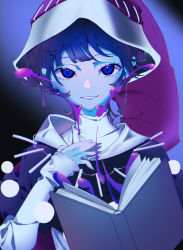 Rule 34 | 1girl, absurdres, black capelet, blue eyes, blue hair, book, capelet, doremy sweet, dream soul, dress, grin, hat, highres, jewelry, mizoreshi, multicolored clothes, multicolored dress, necklace, nightcap, open book, pom pom (clothes), short hair, smile, solo, touhou