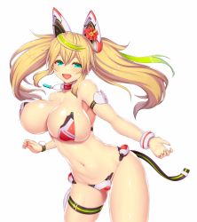 Rule 34 | 1girl, :d, aqua eyes, asamura hiori, bikini, blonde hair, breasts, cameltoe, cleavage, fang, flower, gene (pso2), hair flower, hair ornament, headgear, highres, huge breasts, jewelry, large breasts, long hair, looking at viewer, navel, necklace, open mouth, phantasy star, phantasy star online 2, revealing clothes, simple background, smile, solo, strapless bottom, swimsuit, twintails, white background