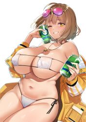 Rule 34 | 1girl, anis (nikke), anis (sparkling summer) (nikke), bare shoulders, bikini, blush, breasts, brown hair, can, cleavage, collarbone, drink can, goddess of victory: nikke, highres, large breasts, long sleeves, looking at viewer, navel, short hair, skindentation, smile, soda can, solo, swimsuit, thighs, tomohiro kai, white background