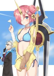 Rule 34 | 1boy, 1girl, bikini, blue bikini, blue eyes, blush, breasts, cleavage, closed mouth, collarbone, double bun, fate (series), flag, frankenstein&#039;s monster (fate), frankenstein&#039;s monster (swimsuit saber) (fate), frankenstein&#039;s monster (swimsuit saber) (first ascension) (fate), glasses, hair bun, hair ornament, hair over one eye, highres, holding, holding flag, horns, james moriarty (archer) (fate), looking at viewer, looking away, medium breasts, old, old man, pink hair, short hair, single horn, smile, swimsuit, yukarite