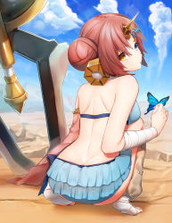 Rule 34 | 1girl, absurdres, ass, ayamori mimi, back, bandages, bikini, blue bikini, blue eyes, bug, butterfly, butterfly on hand, double bun, fate/grand order, fate (series), frankenstein&#039;s monster (fate), frankenstein&#039;s monster (swimsuit saber) (fate), frankenstein&#039;s monster (swimsuit saber) (second ascension) (fate), from behind, hair bun, hair ornament, hairclip, heterochromia, highres, horns, insect, looking back, pink hair, short hair, single horn, solo, swimsuit, yellow eyes