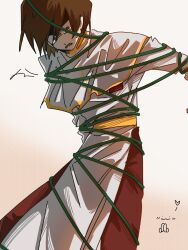 Rule 34 | 1boy, brown eyes, brown hair, capelet, chinese commentary, commentary request, feet out of frame, gold trim, highres, jabuchi you, long sleeves, male focus, open mouth, pants, pelvic curtain, red pants, restrained, saibou shinkyoku, shirt, solo, sweat, white capelet, white shirt, xunyicao154