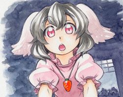 Rule 34 | 1girl, animal ears, black hair, rabbit ears, carrot, carrot necklace, dress, female focus, inaba tewi, jewelry, kawachi koorogi, looking at viewer, marker (medium), necklace, open mouth, pendant, red eyes, short hair, solo, touhou, traditional media