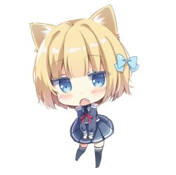 Rule 34 | 1girl, :o, animal ear fluff, animal ears, black thighhighs, blonde hair, blue bow, blue eyes, blue shirt, blue skirt, blush, bow, chibi, collared shirt, commentary request, epaulettes, fang, fox ears, full body, hair bow, highres, long sleeves, looking at viewer, neck ribbon, no shoes, open mouth, pleated skirt, red ribbon, ribbon, rukiroki, saeki sora, sasugano roki, shirt, simple background, skirt, solo, standing, thighhighs, virtual youtuber, white background
