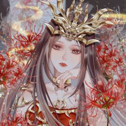 Rule 34 | 1girl, bi yao zhuye, brown hair, cai lin (doupo cangqiong), choker, doupo cangqiong, dress, flower, hair ornament, hand on own chin, long hair, looking at viewer, open mouth, red dress, solo, spider lily, teeth, upper body
