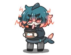Rule 34 | 1girl, black footwear, black hoodie, blue hair, chibi, commentary request, cup, disposable cup, drinking, drinking straw, fins, fish tail, fuka-chan, full body, grey pantyhose, grey skirt, highres, holding, holding cup, hood, hood down, hoodie, long sleeves, original, pantyhose, puffy long sleeves, puffy sleeves, red eyes, red hair, shadow, shark tail, shoes, short eyebrows, simple background, skirt, solo, standing, tail, thick eyebrows, uni souchou, white background