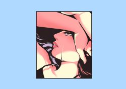 Rule 34 | 1girl, arms up, black camisole, blue border, border, camisole, closed eyes, highres, minillustration, original, parted lips, portrait, profile, shadow, solo, tears