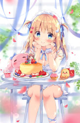 Rule 34 | 2girls, :d, bare shoulders, blonde hair, blue eyes, blueberry, blurry, blush, bread, brown eyes, brown hair, cake, chair, chibi, closed mouth, commentary request, cup, depth of field, dress, drinking glass, falling petals, food, fruit, hair between eyes, hands up, head rest, holding, holding food, long hair, mini person, minigirl, multiple girls, on chair, open mouth, original, pan (mimi), petals, sitting, sleeveless, sleeveless dress, smile, strawberry, stuffed animal, stuffed rabbit, stuffed toy, table, two side up, white dress, white wings, wings, wrist cuffs