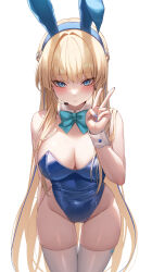 Rule 34 | 1girl, absurdres, ame 816, animal ear hairband, animal ears, blonde hair, blue archive, blue bow, blue bowtie, blue eyes, blue hair, blue leotard, blue nails, blush, bow, bowtie, braid, breasts, cleavage, closed mouth, detached collar, earpiece, fake animal ears, fingernails, groin, highres, leotard, long hair, medium breasts, multicolored hair, nail polish, official alternate costume, rabbit ear hairband, rabbit ears, simple background, solo, strapless, strapless leotard, streaked hair, thighhighs, toki (blue archive), toki (bunny) (blue archive), white background, white thighhighs, wrist cuffs