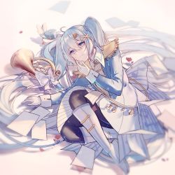Rule 34 | 1girl, arm support, black pantyhose, blue eyes, blue hair, boots, bow, closed mouth, gloves, hair ornament, hairclip, hand to own mouth, hatsune miku, highres, instrument, jacket, light smile, long hair, looking at viewer, lying, on side, pantyhose, qingning, trumpet, twintails, very long hair, vocaloid, white bow, white footwear, white gloves, yuki miku, yuki miku (2020)