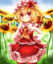 Rule 34 | 1girl, absurdres, ascot, asymmetrical hair, bell, blush, bow, choker, field, flandre scarlet, flower, flower field, hair bow, hat, hat bow, highres, jio (nayutarooo), looking at viewer, mob cap, neck bell, puffy sleeves, red eyes, red thighhighs, rinne (kouheiramia), shirt, side ponytail, skirt, solo, sunflower, sunflower field, thighhighs, touhou, vest, wings, zettai ryouiki