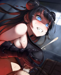 Rule 34 | 1boy, 1girl, abyssal ship, bad id, bad pixiv id, bar censor, bare shoulders, belko, black hair, blue eyes, blush, breasts, censored, commentary request, cum, double bun, ejaculation, gauntlets, glowing, glowing eyes, grin, hetero, highres, kantai collection, large breasts, light cruiser oni, long hair, male pubic hair, paizuri, penis, pointless censoring, pubic hair, sideboob, smile, solo focus