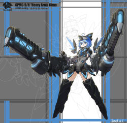 Rule 34 | 1girl, absurdres, ahoge, armor, blue eyes, blue hair, cirno, commentary, daniel w.j., dual wielding, energy gun, english commentary, faulds, flat chest, full body, grey leotard, grin, highres, holding, huge weapon, leotard, mecha musume, mechanical arms, mechanical wings, neon trim, oversized forearms, oversized limbs, short hair, signature, smile, solo, touhou, weapon, wings, zoom layer