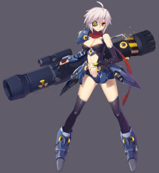 Rule 34 | 1girl, ahoge, breasts, center opening, cleavage, eyepatch, grey background, huge weapon, midriff, orange eyes, original, radiation symbol, red scarf, scarf, short hair, simple background, solo, thighhighs, weapon, white hair, yangsion