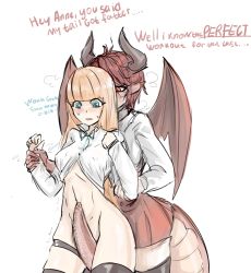 Rule 34 | 2girls, anne (shingeki no bahamut), aqua eyes, aqua neckwear, arm grab, between legs, black horns, black legwear, blunt bangs, blush, bottomless, bow, bowtie, breasts, brown hair, clenched hand, collared shirt, dragon girl, dragon tail, dragon wings, english text, female focus, granblue fantasy, grea (shingeki no bahamut), groin, hands up, holding another&#039;s wrist, horns, interspecies, lazuren, legband, light brown hair, long hair, long sleeves, looking at another, looking down, manaria friends, medium breasts, multiple girls, no panties, open mouth, pleated skirt, pointy ears, red eyes, red skirt, restrained, shingeki no bahamut, shirt, short hair, simple background, skirt, standing, sweat, tail, tail between legs, talking, thighhighs, white background, white shirt, wings, yuri