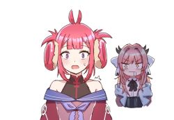 Rule 34 | 2girls, atelier live, commentary, cropped torso, doughnut, english commentary, food, hair rings, hexunart, horns, kani kanizawa, kuzuryu io, multiple girls, off shoulder, open mouth, parody, pink hair, purple eyes, red eyes, red hair, sparkling eyes, surprised, virtual youtuber, white background, wide-eyed