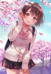 Rule 34 | 1girl, blouse, blurry, blush, bow, bowtie, breasts, brown eyes, brown hair, cherry blossoms, cowboy shot, day, depth of field, fence, fukahire (ruinon), hair between eyes, hair flip, leaning forward, looking at viewer, medium breasts, multicolored clothes, multicolored skirt, neck ribbon, open mouth, original, outdoors, petals, plaid, plaid skirt, pleated skirt, ribbon, school uniform, shirt, short hair, skirt, sky, sleeves past wrists, striped bow, striped bowtie, striped clothes, sweater, white shirt
