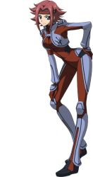 Rule 34 | 1girl, blue eyes, bodysuit, breasts, code geass, full body, hand on own hip, kouzuki kallen, large breasts, looking at viewer, official art, red hair, short hair, simple background, skin tight, smile, solo, standing, super robot wars, super robot wars x-omega, white background