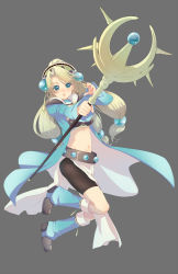 Rule 34 | 1girl, :d, aqua eyes, atelier (series), atelier marie, belt, bike shorts, blonde hair, blue eyes, boots, female focus, full body, grey background, hair ornament, highres, holding, holding staff, jumping, kawagoe pochi, knee boots, leg warmers, long coat, long hair, long sleeves, low-tied long hair, magician, marie (atelier), navel, open mouth, outstretched arm, parted bangs, simple background, smile, solo, staff, weapon