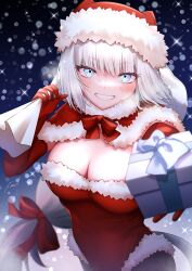 Rule 34 | 1girl, animal ears, blue eyes, blush, box, breasts, capelet, cat ears, cat girl, cat tail, dobrynya nikitich (fate), elbow gloves, fate/grand order, fate (series), fur-trimmed capelet, fur-trimmed headwear, fur-trimmed leotard, fur trim, gift, gift box, gloves, grin, hat, highleg, highleg leotard, highres, holding, holding sack, ichi kq, large breasts, leotard, long hair, looking at viewer, low ponytail, outstretched arm, red capelet, red gloves, red hat, red leotard, sack, santa costume, santa hat, smile, snow, snowing, solo, tail, thighs, white hair
