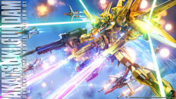 Rule 34 | absurdres, aircraft, airplane, akatsuki gundam, arm shield, beam rifle, blue eyes, blue sky, character name, clenched hand, cloud, energy gun, exhaust, explosion, fighter jet, firing, flying, glowing, glowing eyes, gun, gundam, gundam seed, gundam seed destiny, highres, holding, holding gun, holding weapon, jet, legs apart, lolicon (lolicon42051636), mecha, military vehicle, missile, mobile suit, murasame (gundam seed destiny), no humans, photoshop (medium), robot, science fiction, sky, v-fin, weapon