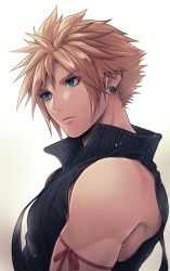 Rule 34 | 1boy, arm ribbon, beckey9415, blonde hair, blue eyes, cloud strife, earrings, final fantasy, final fantasy vii, final fantasy vii remake, hair between eyes, high collar, highres, jewelry, ribbon, simple background, solo, spiked hair, square enix, strap