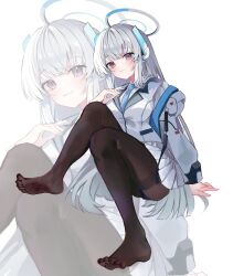 Rule 34 | 1girl, absurdres, arm support, black pantyhose, blazer, blue archive, blue necktie, closed mouth, coat, collared shirt, commentary, feet, grey hair, halo, headgear, highres, jacket, knees up, long hair, long sleeves, looking at viewer, miniskirt, necktie, noa (blue archive), open clothes, open jacket, pantyhose, pleated skirt, purple eyes, ri yonn, shirt, simple background, sitting, skirt, smile, soles, solo, symbol-only commentary, thighband pantyhose, toes, white background, white coat, white halo, white jacket, white shirt, white skirt, zoom layer