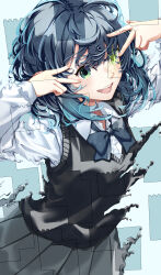 Rule 34 | 1girl, black vest, blue background, blue bow, blue bowtie, blue hair, bow, bowtie, collared shirt, commentary request, dark blue hair, double v, fingernails, green eyes, grey skirt, hair between eyes, hands up, highres, hoshino ai&#039;s pose, kurokawa akane, long fingernails, long sleeves, looking at viewer, multicolored hair, nail polish, open mouth, oshi no ko, partial commentary, pink nails, pleated skirt, pose imitation, puffy long sleeves, puffy sleeves, shirt, short hair, skirt, smile, solo, standing, star-shaped pupils, star (symbol), symbol-shaped pupils, teeth, tongue, two-tone hair, v, vest, white shirt, yu sa1126
