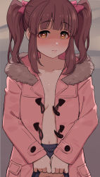 Rule 34 | 1girl, bad id, bad twitter id, blue skirt, blush, bow, breasts, brown hair, clothes lift, coat, collarbone, duffel coat, female pubic hair, fur-trimmed jacket, fur trim, heart, heart-shaped pupils, idolmaster, idolmaster cinderella girls, jacket, lifting own clothes, naked coat, navel, ogata chieri, omaru gyuunyuu, orange eyes, own hands together, pink bow, pubic hair, sidelocks, skirt, skirt lift, small breasts, solo, sweatdrop, symbol-shaped pupils, twintails, winter clothes, winter coat