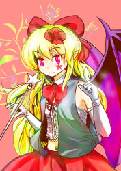 Rule 34 | 1girl, bad id, bad pixiv id, bat wings, blonde hair, blue eyes, bow, bowtie, culter, demon wings, elbow gloves, elis (touhou), facepaint, fang, female focus, flower, gloves, hair bow, hair flower, hair ornament, highly responsive to prayers, index finger raised, long hair, midriff, multicolored eyes, navel, red eyes, red skirt, skirt, solo, star (symbol), touhou, touhou (pc-98), vest, wand, wings
