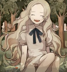Rule 34 | 10s, 1girl, ^ ^, anna (omoide no marnie), bad id, bad pixiv id, blonde hair, closed eyes, dress, closed eyes, forest, happy, laughing, long hair, marnie (omoide no marnie), nature, omoide no marnie, ribbon, shina 000, short sleeves, sitting, smile, solo, tree, very long hair, white dress