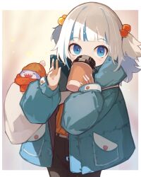Rule 34 | 1girl, black pants, bloop (gawr gura), blue eyes, blue hair, blue jacket, blunt bangs, cube hair ornament, cup, disposable cup, gawr gura, grey hair, hair ornament, harufude, highres, holding, holding cup, hololive, hololive english, jacket, looking at viewer, medium hair, multicolored hair, pants, shirt, solo, streaked hair, two side up, virtual youtuber, yellow shirt