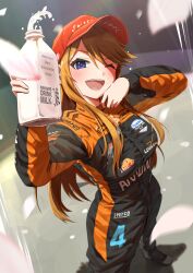 Rule 34 | 1girl, ;d, absurdres, black jumpsuit, blue eyes, bottle, brand name imitation, breasts, brown hair, chevrolet, commission, cosplay, english text, highres, holding, holding bottle, idolmaster, idolmaster million live!, indycar series, jumpsuit, kaiso (kaisooekaki), large breasts, long hair, long sleeves, looking up, mclaren, milk, milk bottle, one eye closed, open mouth, orange jumpsuit, pato o&#039;ward, pato o&#039;ward (cosplay), racing suit, real life, red headwear, shoes, skeb commission, smile, solo, sparco, teeth, tokoro megumi, upper teeth only