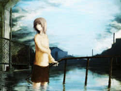 Rule 34 | 1girl, bad id, bad pixiv id, brown hair, expressionless, flood, looking away, railing, reflection, short hair, skirt, solo, standing, wading, water, yoshidaworks