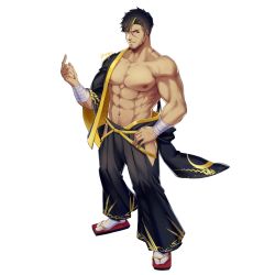 Rule 34 | 1boy, abs, bandages, bara, bare pectorals, beckoning, black hair, blonde hair, body hair, bulge, come hither, facial hair, full body, happi, highres, hip vent, japanese clothes, kimono, large pectorals, male focus, multicolored hair, muscular, muscular male, navel, navel hair, ninja (yzpyn), nipples, open clothes, open kimono, original, pectorals, scar, scar on face, short hair, solo, stomach, streaked hair, stubble, thighs, transparent background, veins, wide sleeves, yzpyn